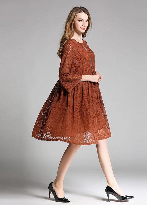 Chocolate Hollow Out Embroideried Patchwork Spring Three Quarter Sleeve Spring Dresses
