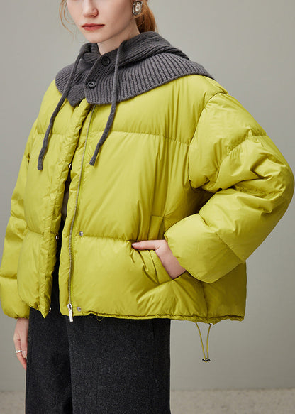 Lemon Green Hooded Zippered Knit Patchwork Duck Down Down Coat Winter