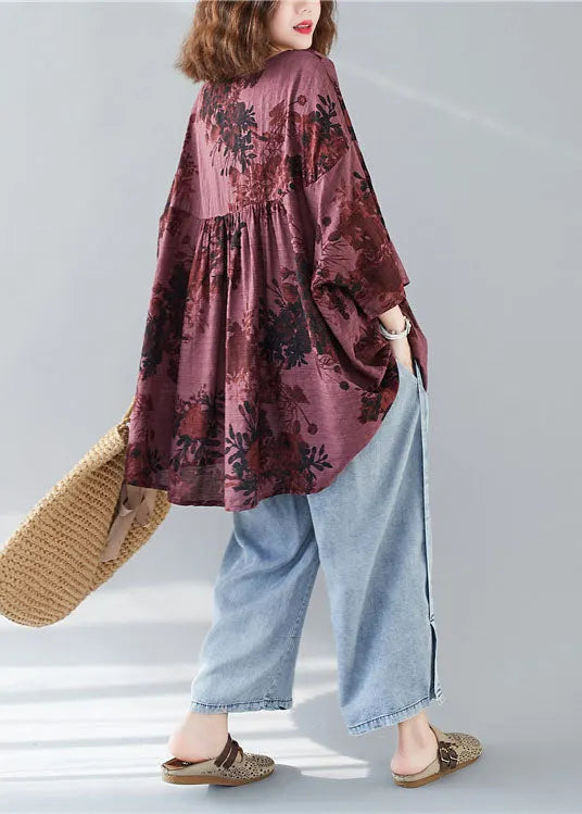 Modern Mulberry V Neck Patchwork Print Fall Tops Three Quarter Sleeve