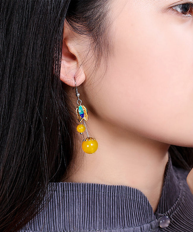 Skinny Yellow Jade Cloisonne Drop Earrings