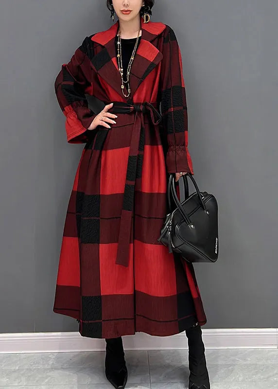 Red Notched Plaid Tie Waist Long Coats Fall