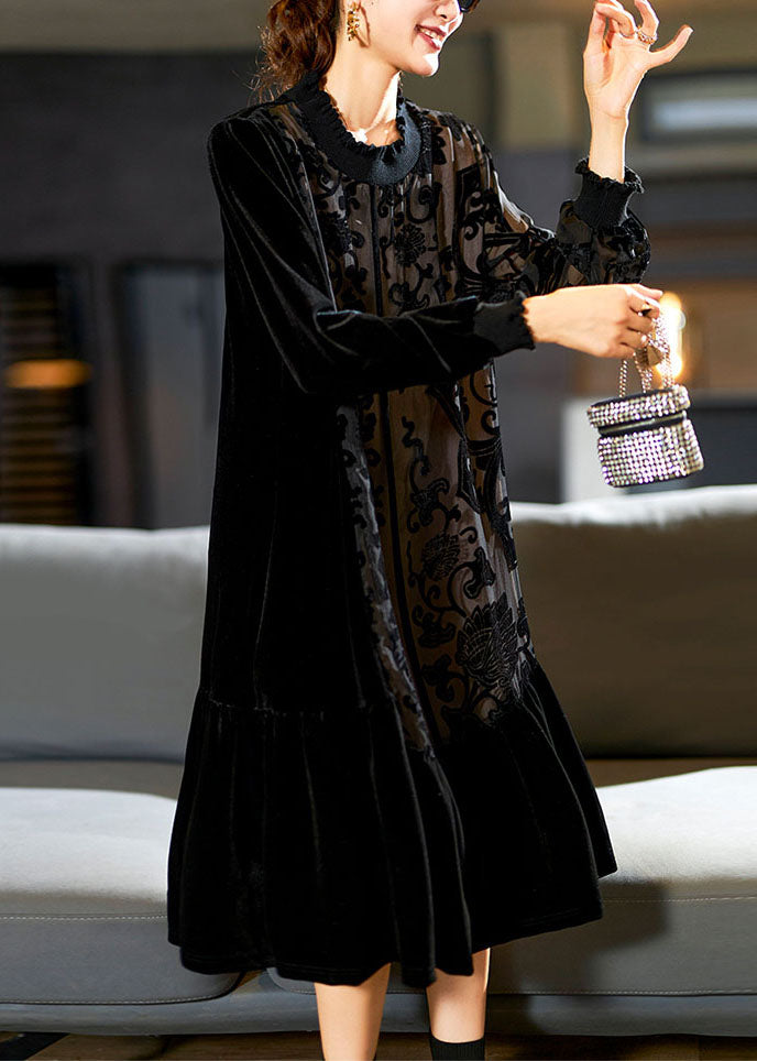 Black O-neck Embroideried Patchwork Silk Velour Maxi Dress Long Sleeve