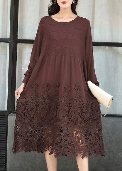 Chocolate Embroideried Patchwork Knit Long Dresses Spring