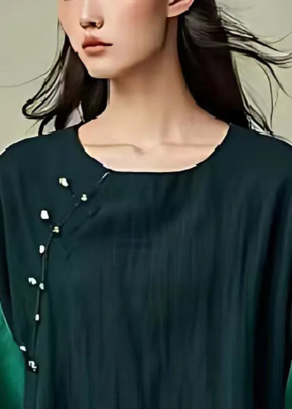 Diy Dull Green Asymmetrical Patchwork Linen Shirt Tops Flare Sleeve