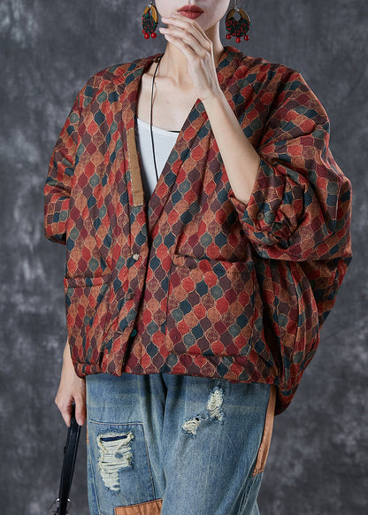 Red Oversized Print Fine Cotton Filled Puffers Jackets Winter