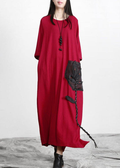 Red Patchwork Appliques Pockets Dress Fall