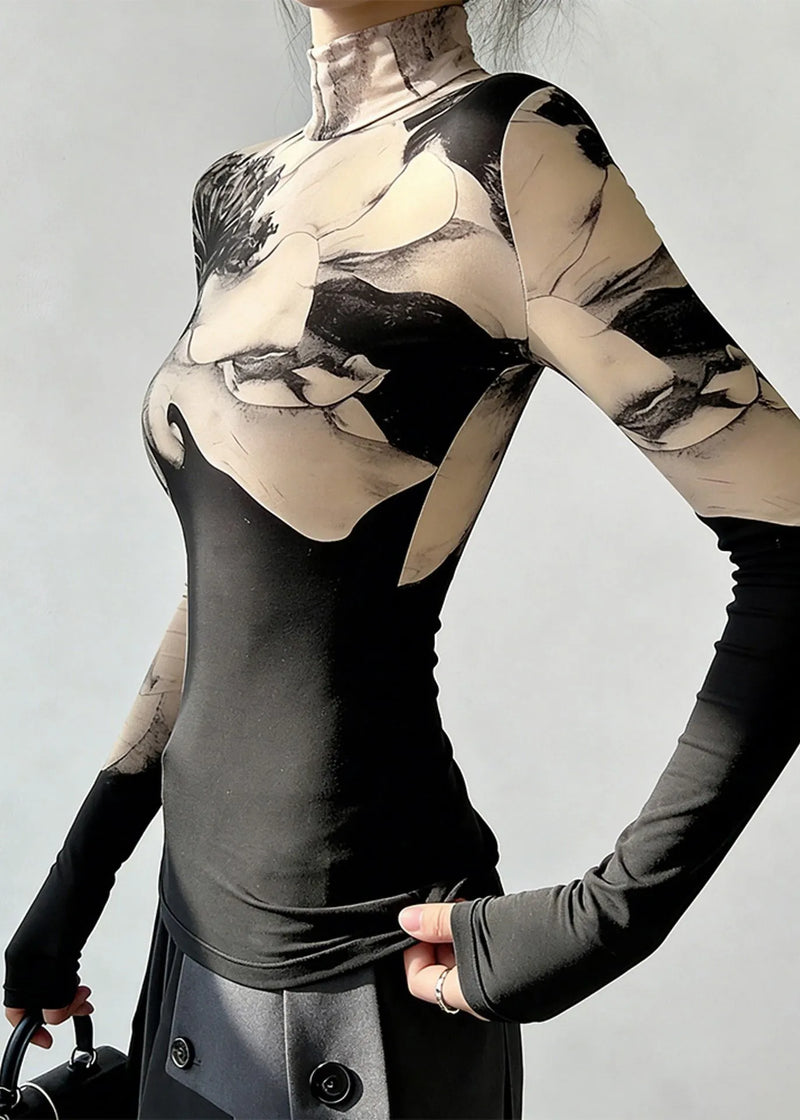 Silm Fit Apricot High Neck Print Cotton Shirts Spring