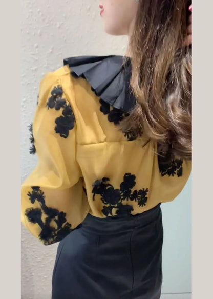 Loose Yellow Button Lace Patchwork Chiffon Shirts Lantern Sleeve