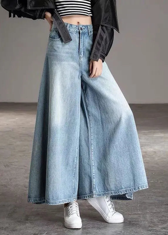 Diy Light Blue Pockets Wide Leg Fall Denim Pants