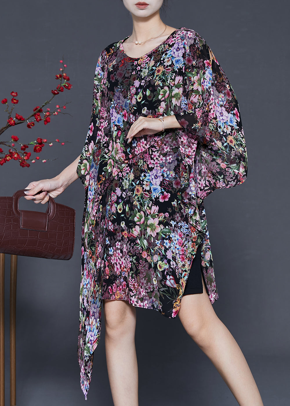 Black Print Chiffon Dress Asymmetrical Design Summer