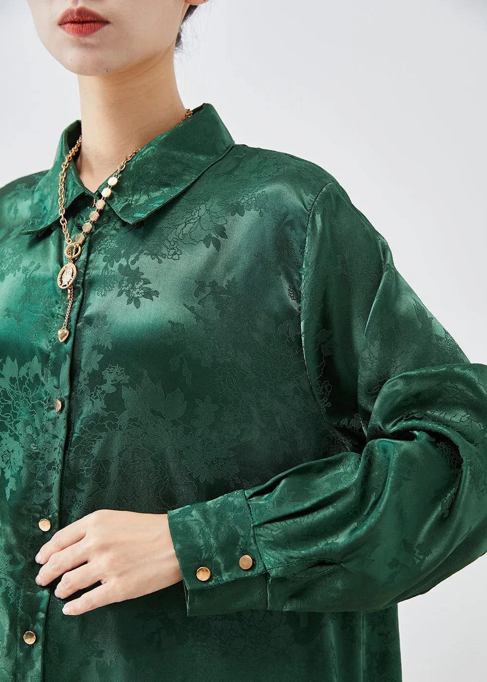 Diy Blackish Green Jacquard Side Open Draping Silk Long Shirt Fall