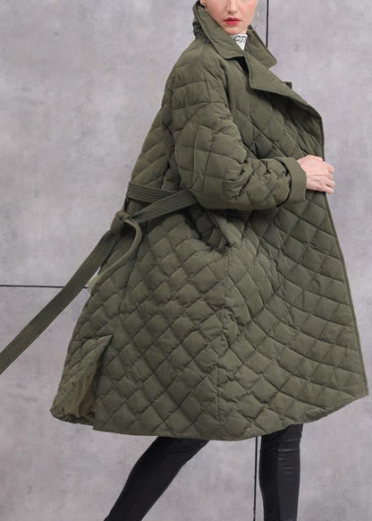 Army Green Tie Waist Pockets Duck Down Coat Long Sleeve