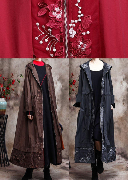 Modern Hooded Coat for Woman Khaki Embroidery Trench Coat