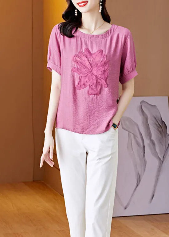 Pink O Neck Embroideried Patchwork Linen T Shirt Top Summer