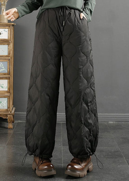 Black Plaid Drawstring Tie Waist Duck Down Filled Pants Winter