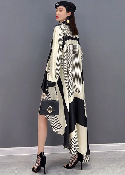 Beige Peter Pan Collar Asymmetrical Design Print Chiffon Shirt Tops Long Sleeve