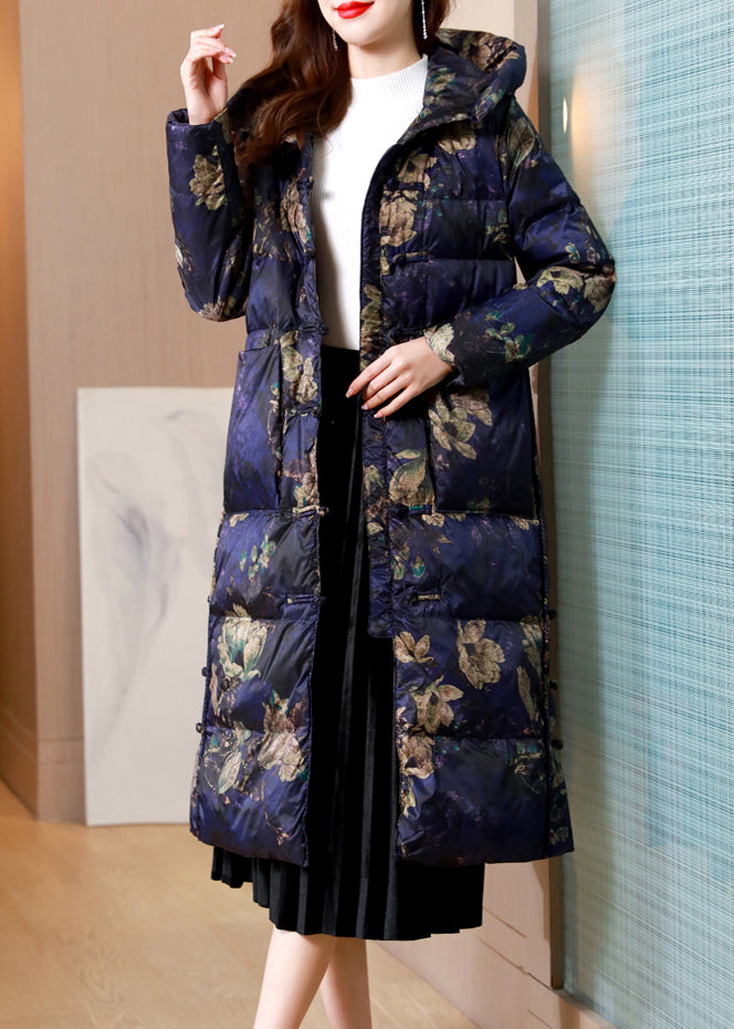 Purple Stand Collar Print Chinese Button Duck Down Puffer Coat Winter
