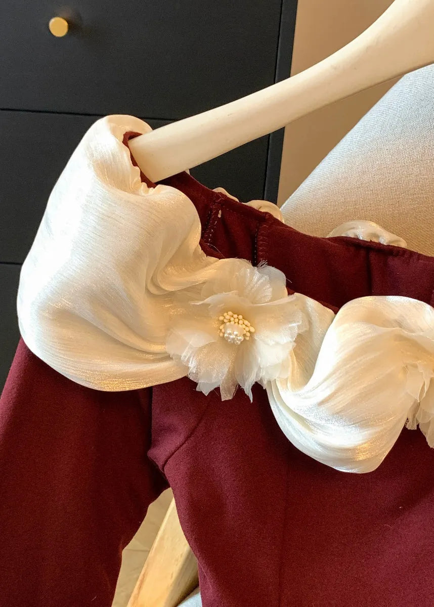 Red Ruffled Patchwork Cotton T Shirt Slash Neck