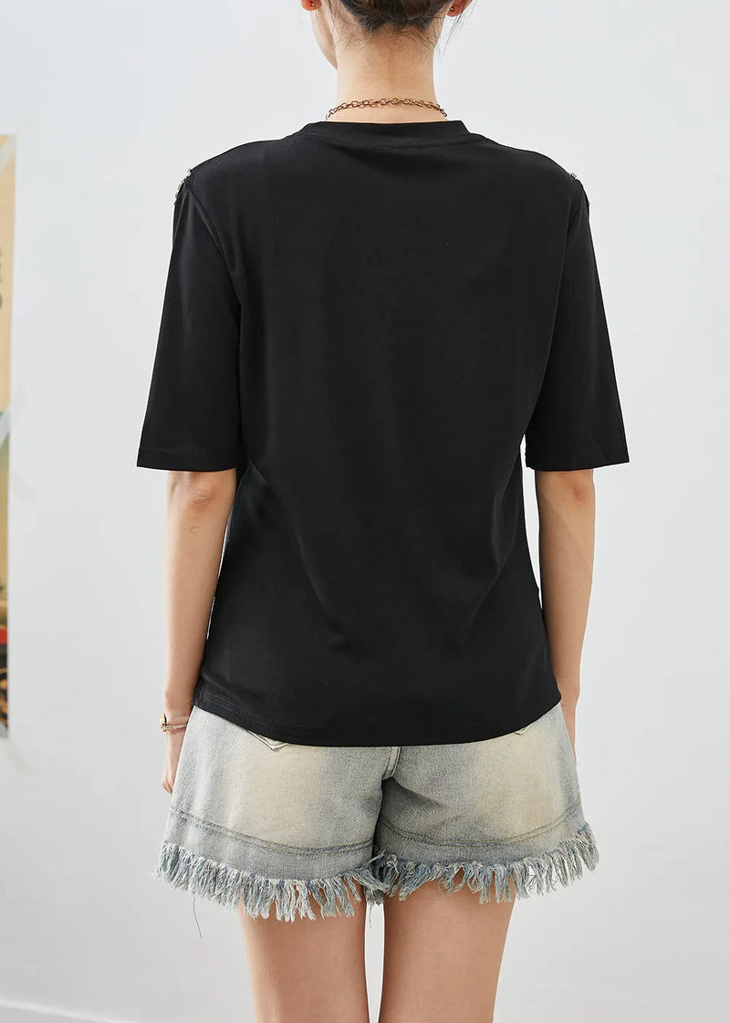 French Black Cold Shoulder Zircon Cotton Blouse Tops Half Sleeve