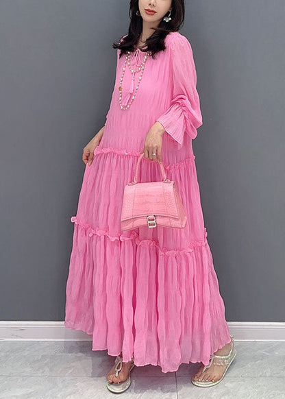 Pink Ruffled Lace Up Patchwork Chiffon Long Dress Summer
