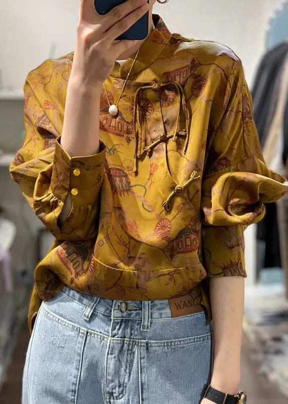 Yellow Stand Collar Patchwork Print Shirt Top Spring