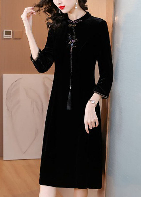 Classy Black Stand Collar Embroideried Silk Velour Maxi Dress Fall