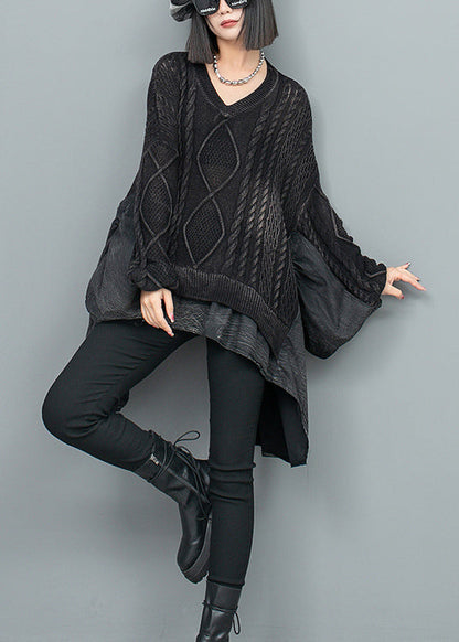 Black V Neck Patchwork Knit Sweater Batwing Sleeve