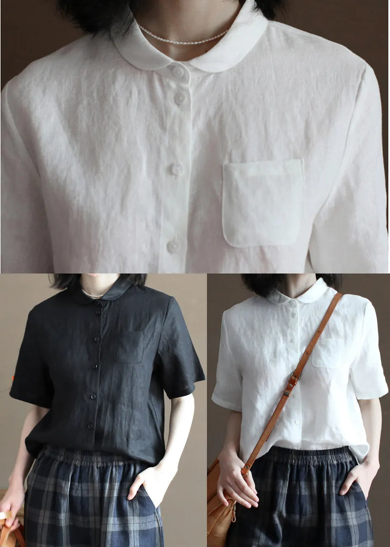 Black Pocket Linen Loose Shirt Tops Peter Pan Collar Half Sleeve