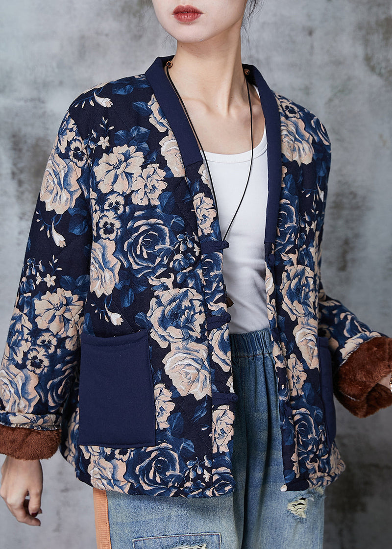 Navy Print Chinese Button Warm Fleece Coat Spring