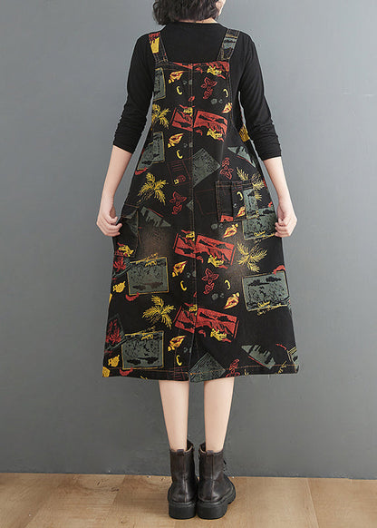 Black V Neck Asymmetrical Button Print Strap Denim Dress Summer