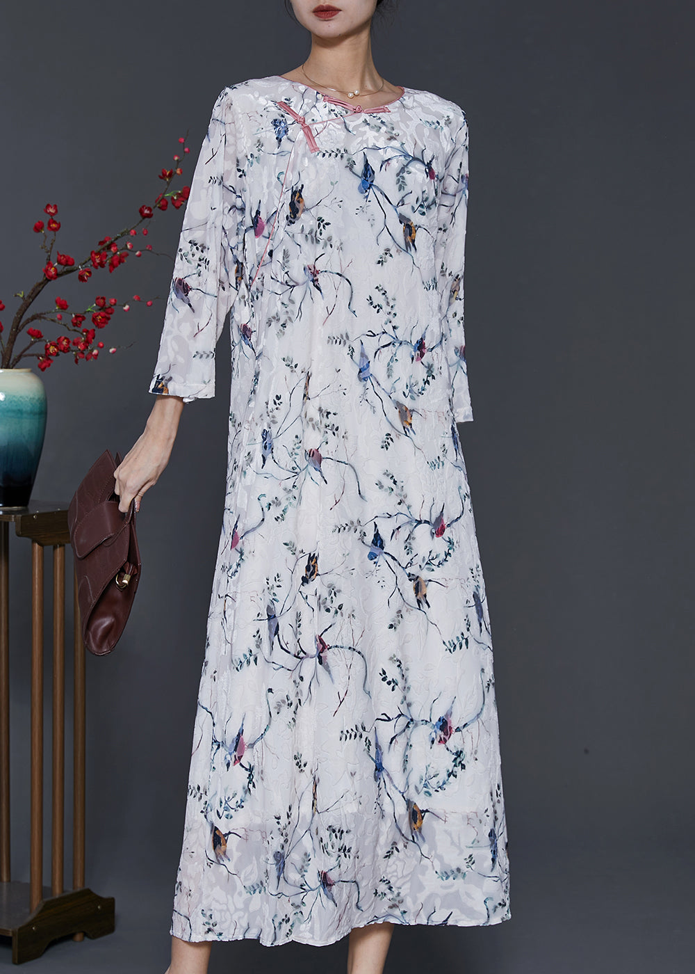 White Chinese Button Print Silk Velour Dress Spring