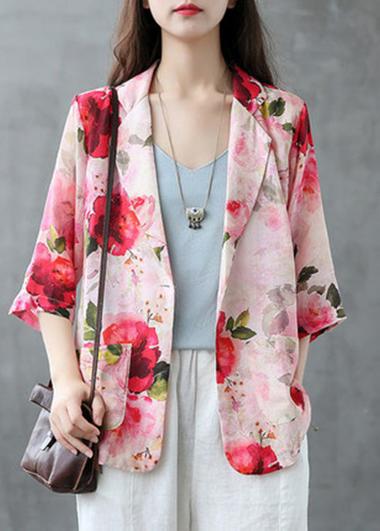 Red Peter Pan Collar Print Button Linen Coats Summer