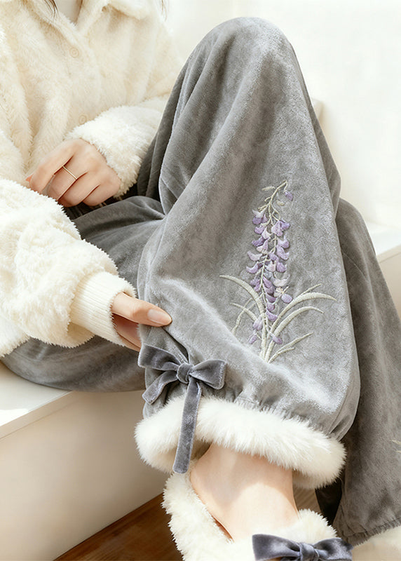 Grey Embroidered Warm Fleece Silk Velvet Pants Spring