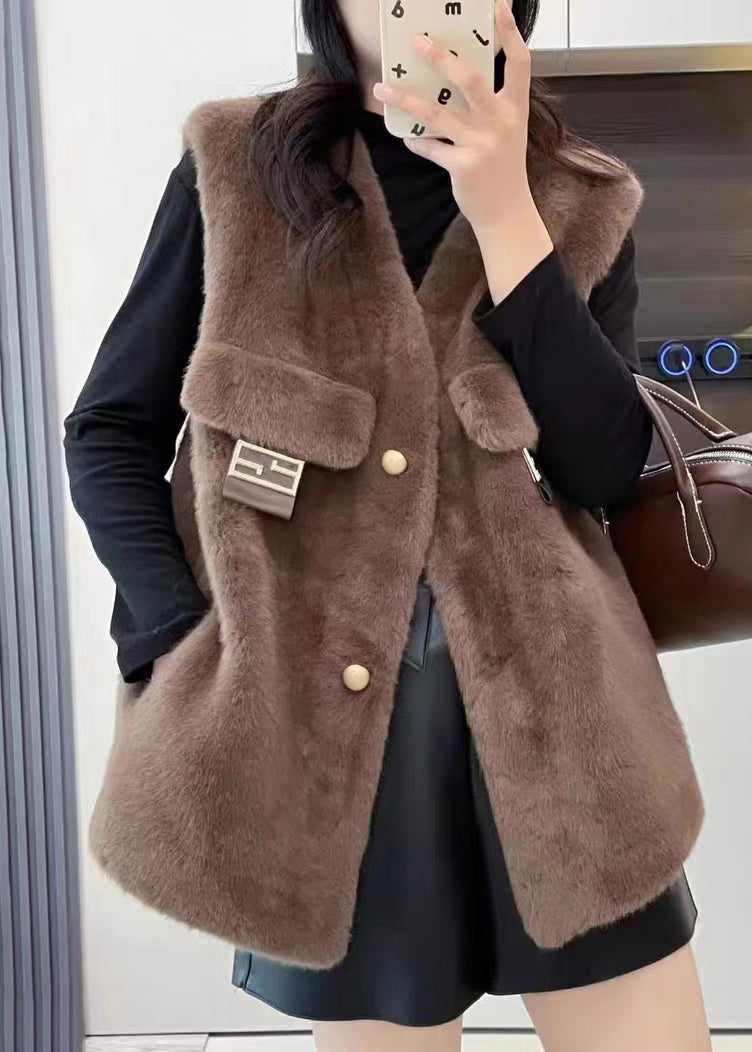Coffee Button Mink Velvet Waistcoat Sleeveless
