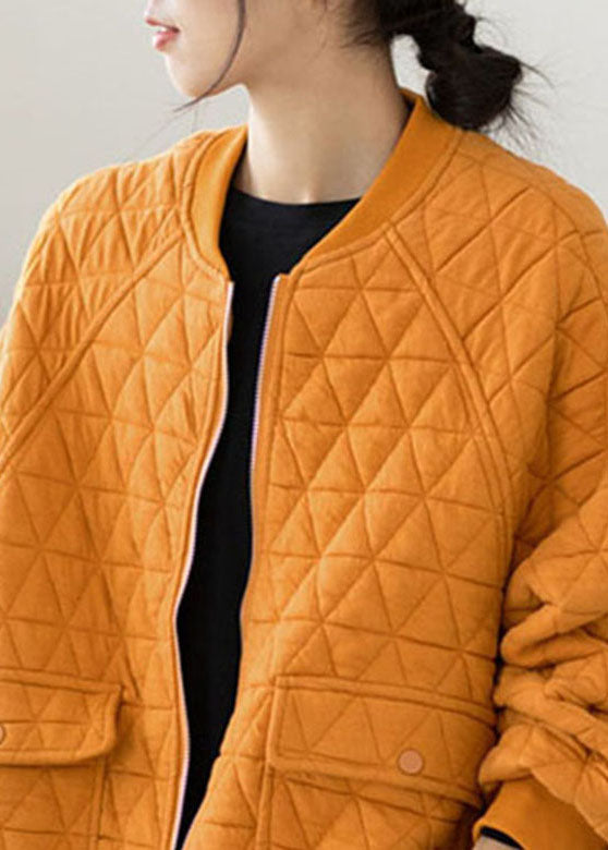 Modern Yellow O-neck Pockets Plaid Patchwork Fleece Coat Fall