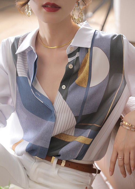 White Print Button Patchwork Silk Shirt Tops Spring