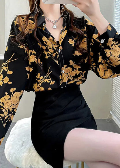 Black Peter Pan Collar Button Print Chiffon Shirt Tops Spring