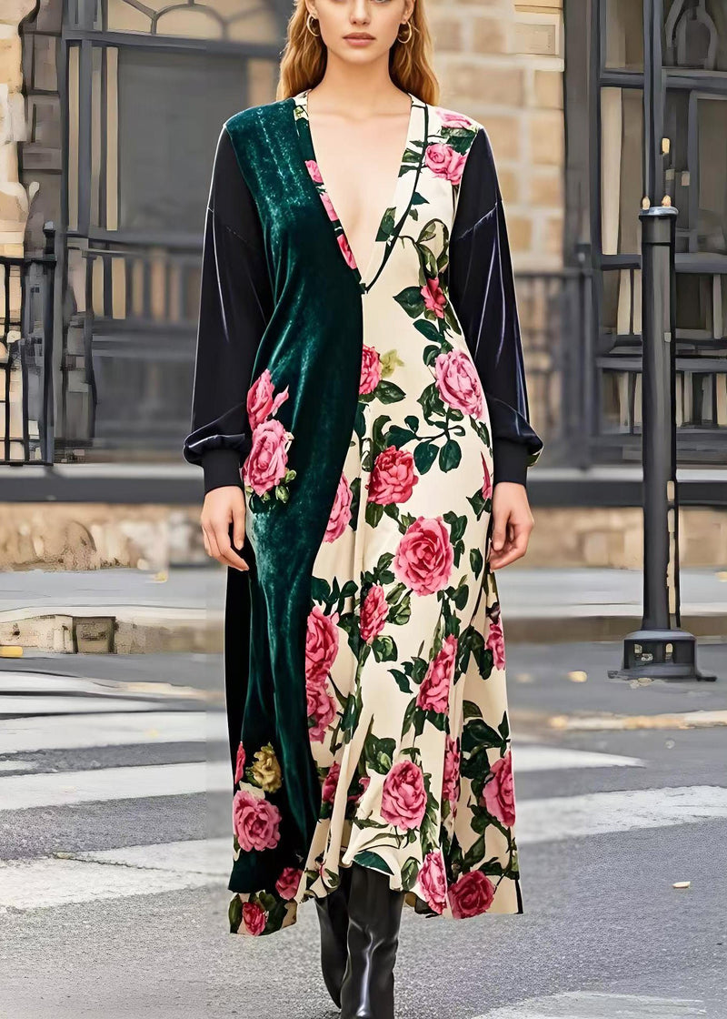 Asymmetrical Patchwork Silk Velour Maxi Dresses Spring