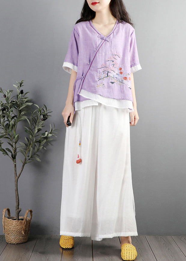 Purple Embroideried Patchwork Cotton Blouses Summer