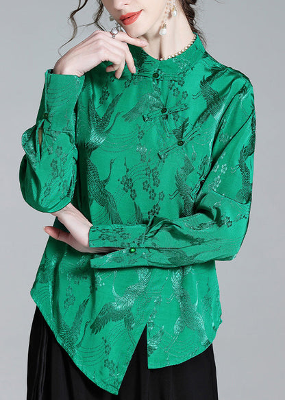Green Stand Collar Button Jacquard Silk Shirt Spring