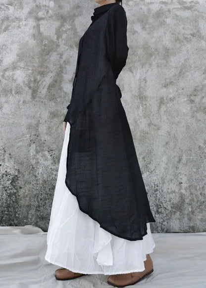 Loose Black Low High Design Peter Pan Collar Linen Tops Long Sleeve Fall