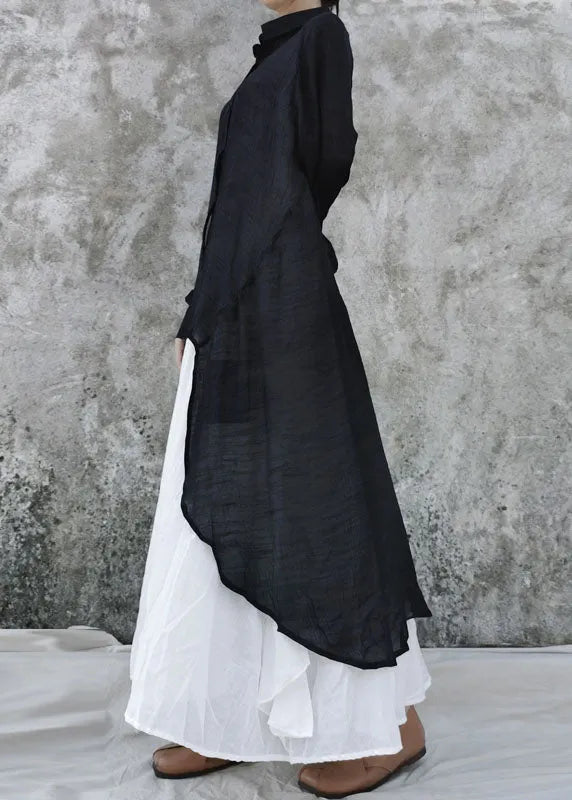 Loose Black Low High Design Peter Pan Collar Linen Tops Long Sleeve Fall