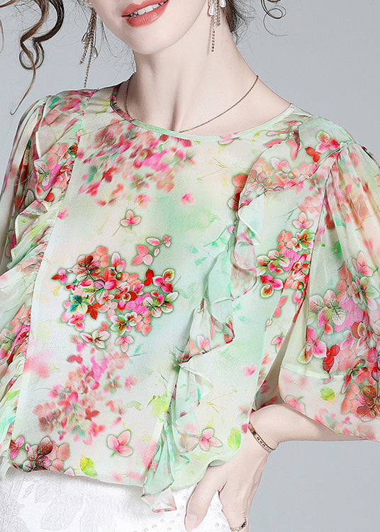 Light Green O-neck Ruffled Print Silk Shirts Half Sleeve