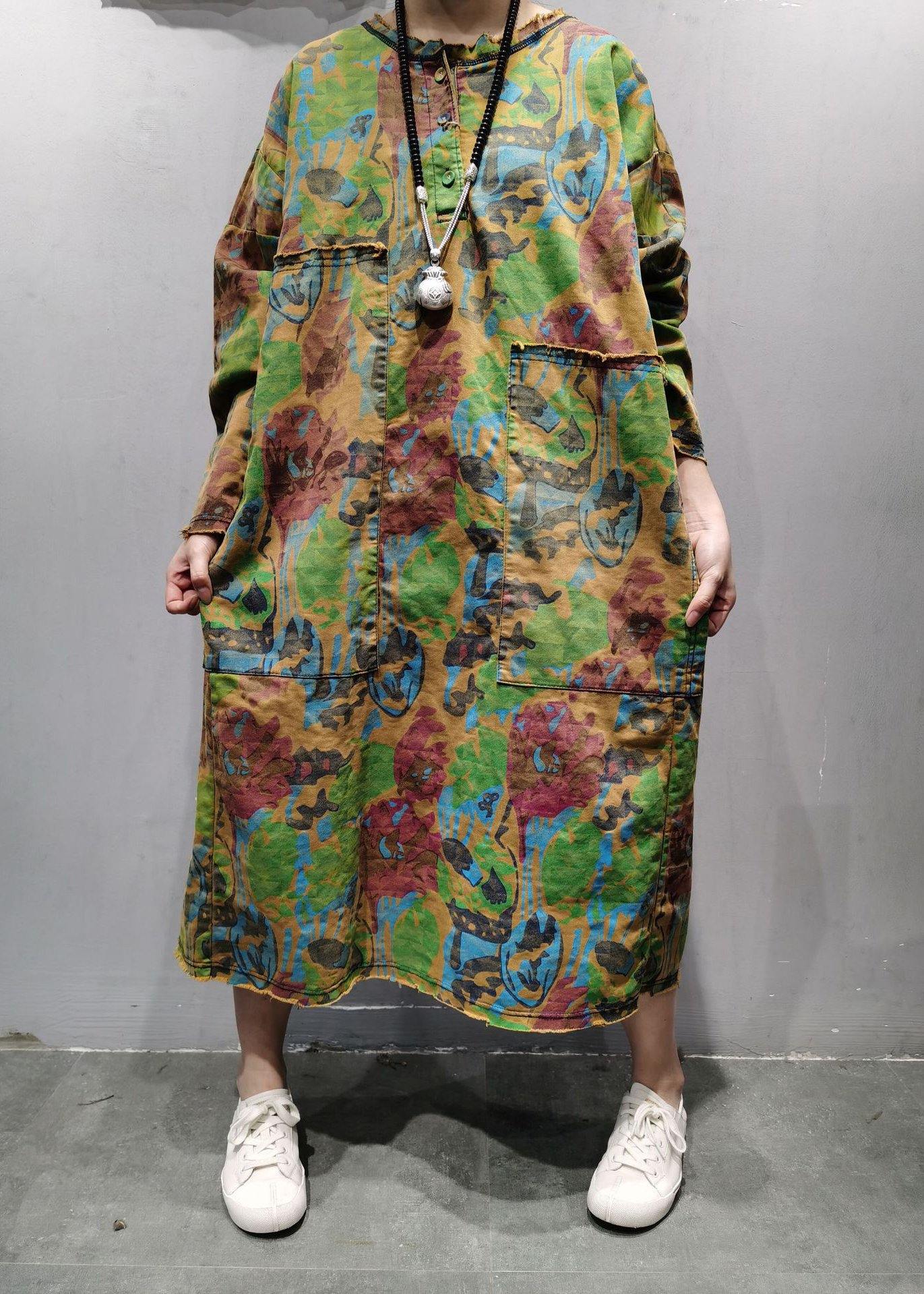 Handmade Green U Neck Patchwork Maxi Dresses Spring Dress