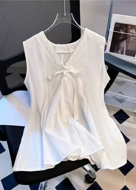 Simple Blue V Neck Bow Cotton Tank Sleeveless
