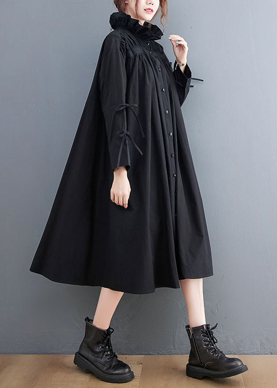 Black Ruffled Button Cotton Blouses Dresses Spring