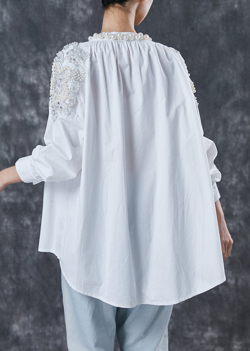 White Oversized Nail Bead Cotton Shirts Spring