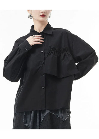 Stylish Black Low High Design Patchwork Shirts Spring