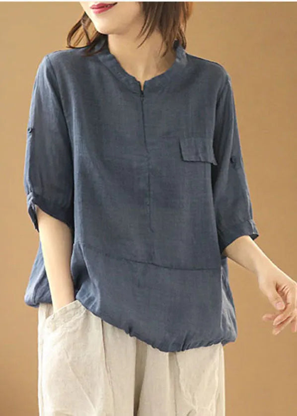 Stylish Army Green O-neck Zip Up Patchwork Linen Blouse Top Short Sleeve