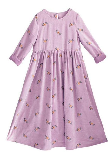 Vivid Pink Embroidery Dress O-neck Long Spring Dresses